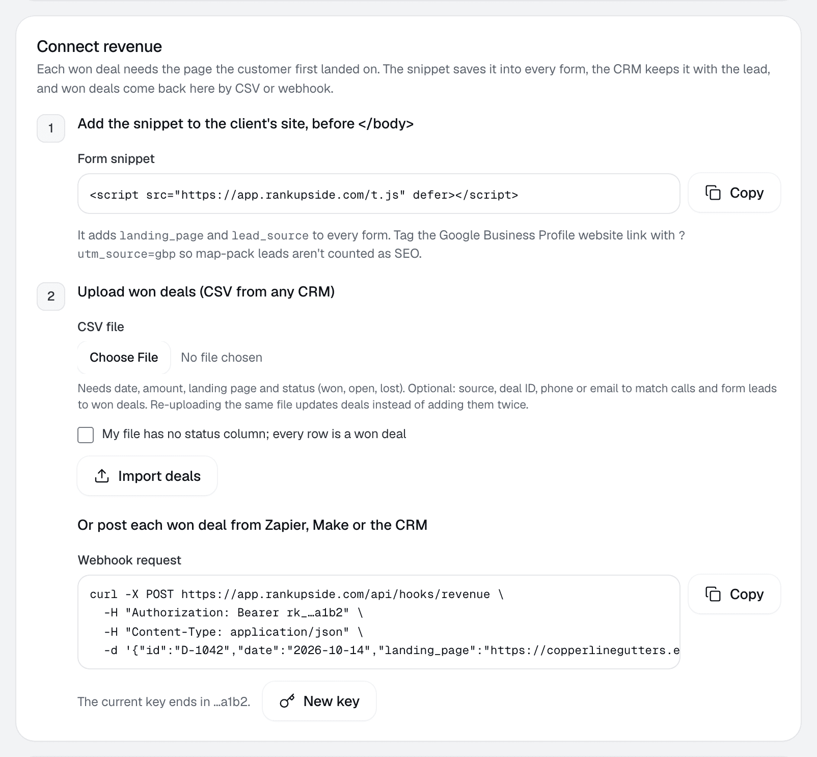 The Connect revenue settings: a form snippet, a CSV upload for won deals and a webhook request.